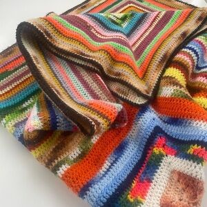 Handmade Crocheted Afghan Blanket Throw Quilt Multicolor Rainbow 58X66